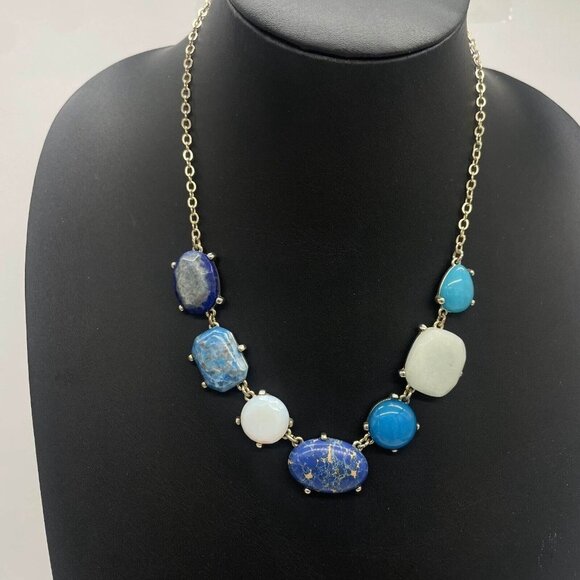 Loft by Ann Taylor Blue Beaded Stone Glass Chain Necklace Gold Tone 17-20 Inches - Picture 2 of 7